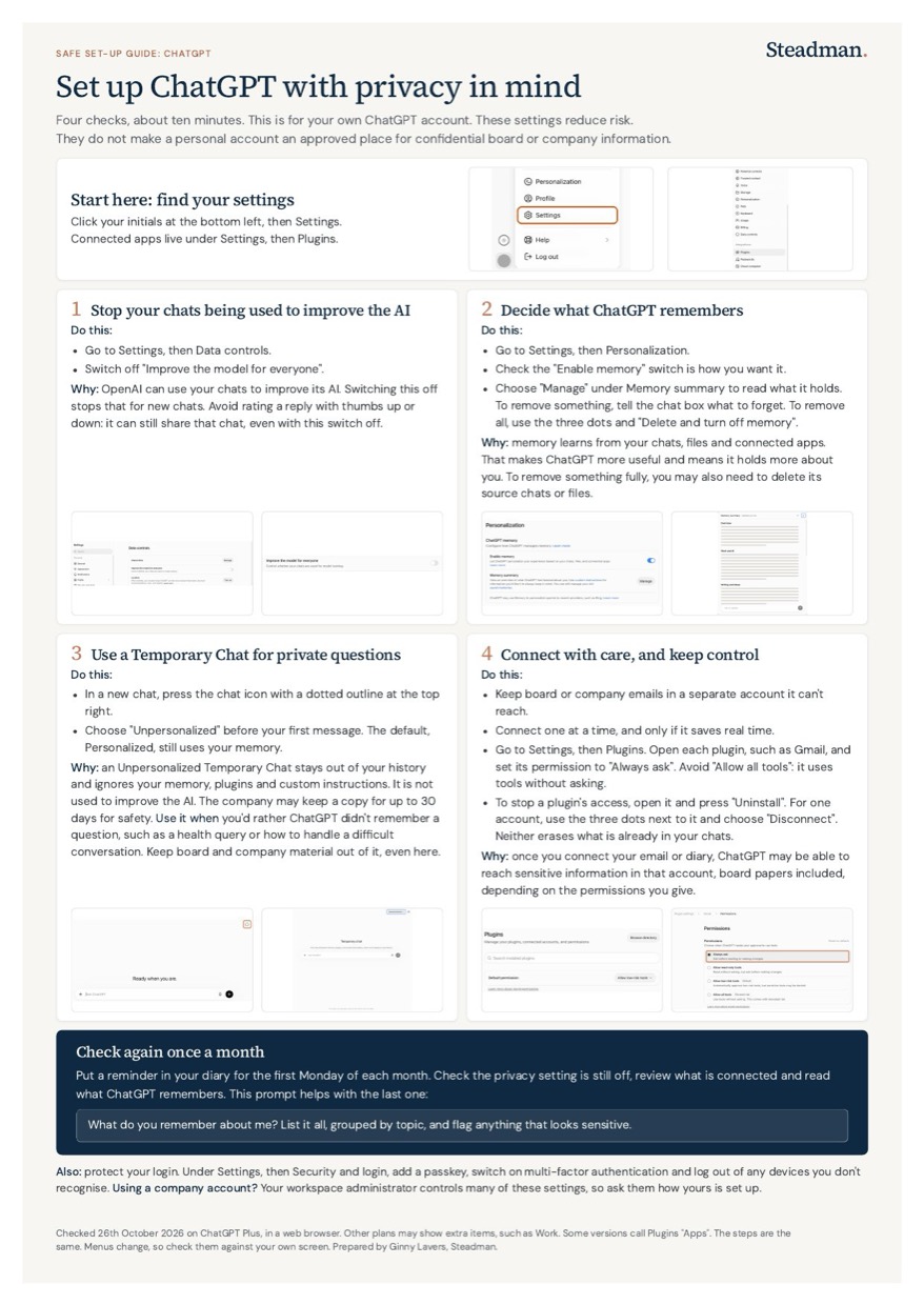 Safe set-up guide for ChatGPT: the one-page guide (opens the PDF)
