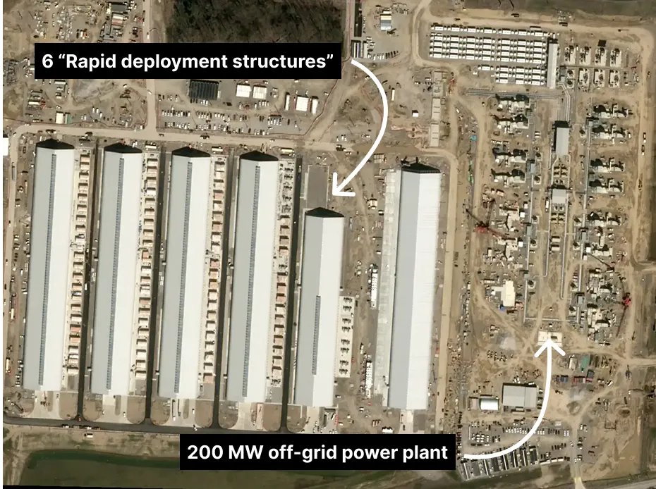 Satellite view of a hyperscale AI data-centre build: six rapid-deployment structures going up beside a 200-megawatt off-grid power plant.