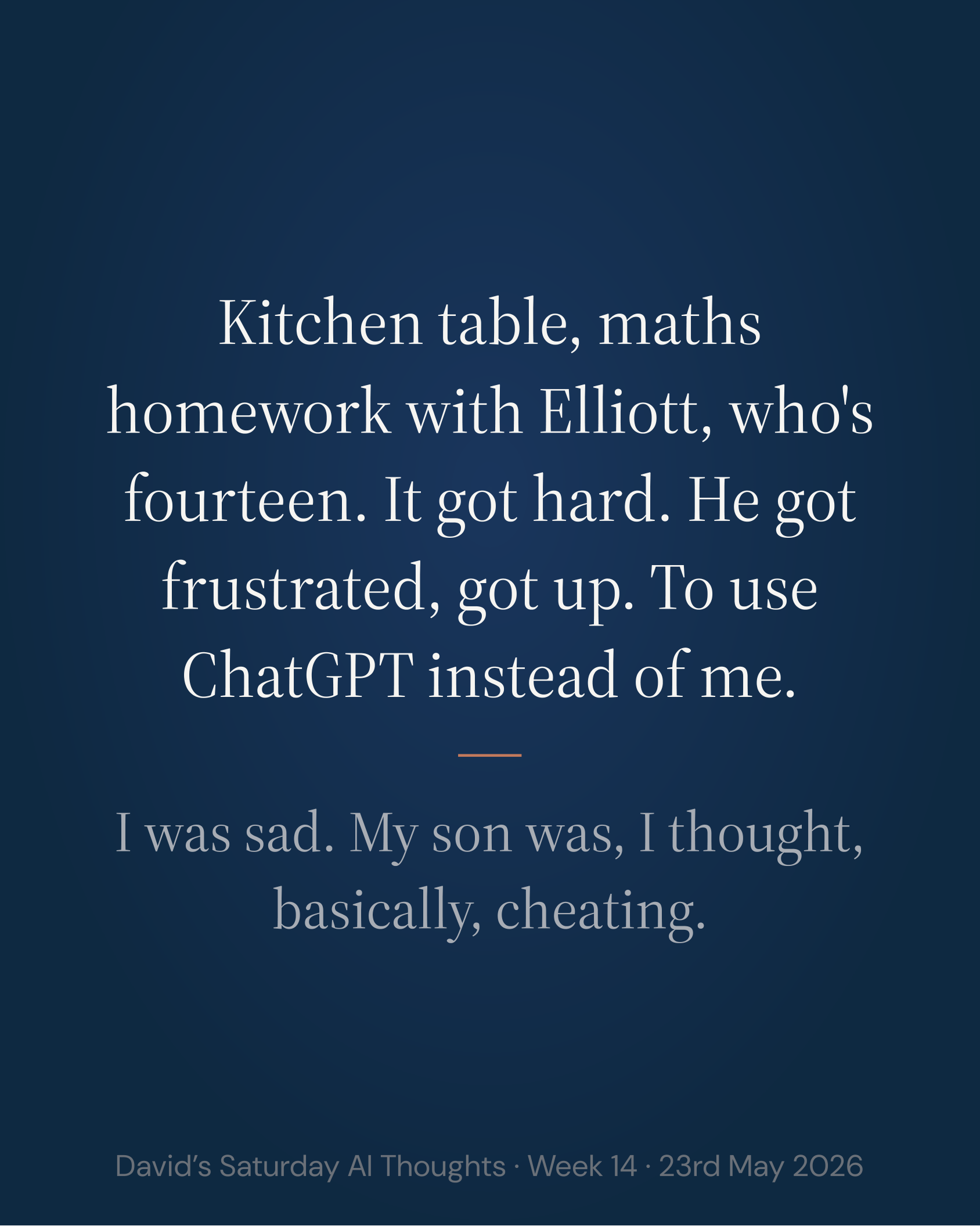 Slide 2: Kitchen table, maths homework, Elliott walks off to use ChatGPT
