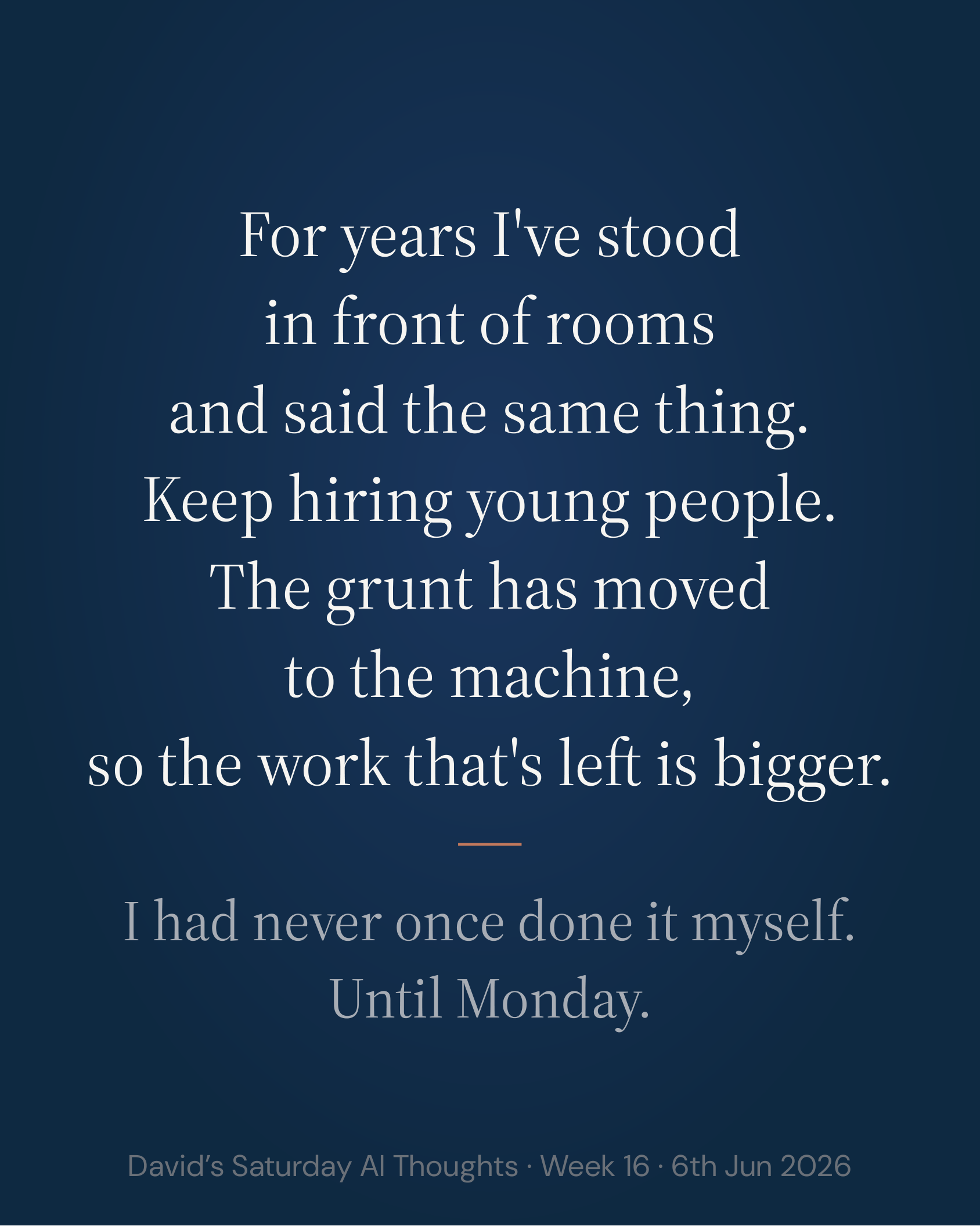 Slide 2: Hook. For years I told people to hire graduates; this week I finally did (Ethan, on his placement year)