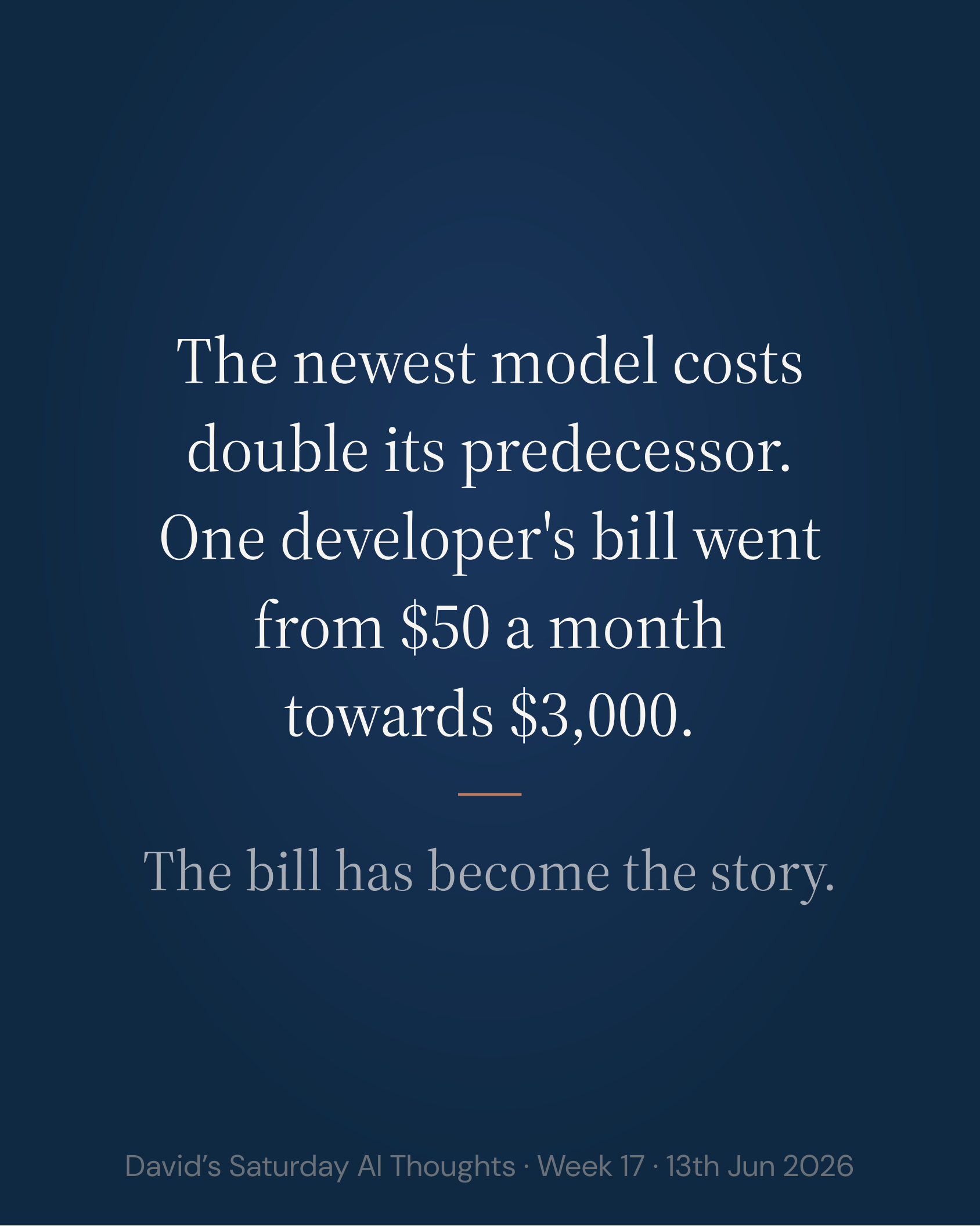 Slide 2: Hook. The newest model costs double its predecessor. One developer's bill went from $50 a month towards $3,000. The bill has become the story
