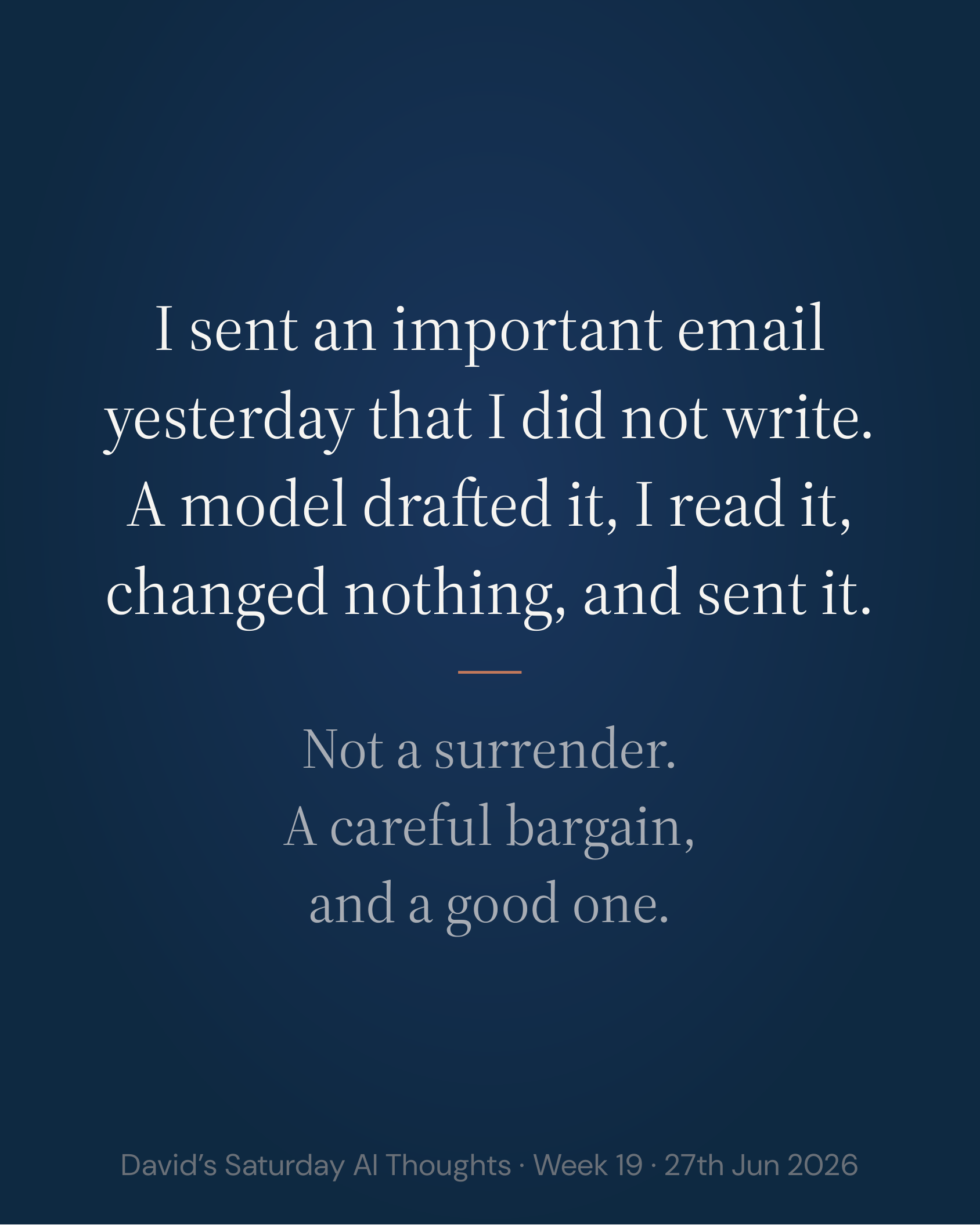 Slide 2: Hook. I sent an important email yesterday that I did not write. Not a surrender, a careful bargain, and a good one