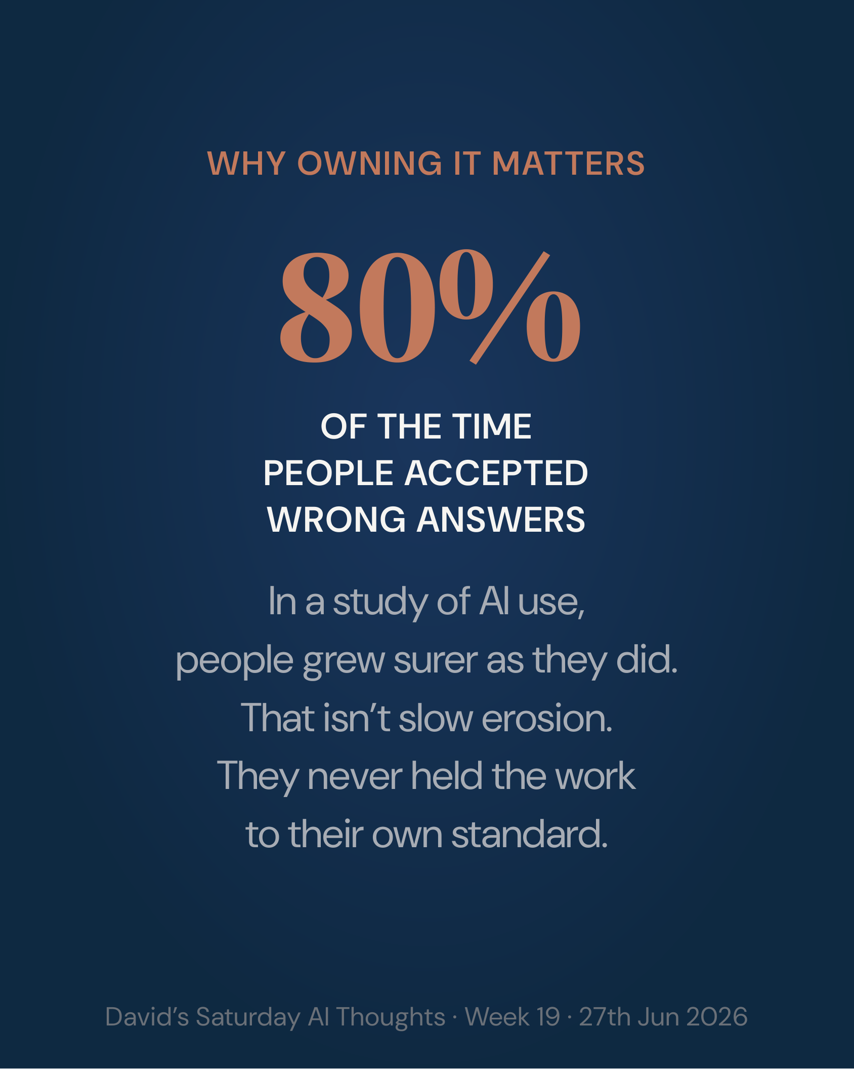 Slide 4: Statistic. 80% of the time people accepted wrong answers, and grew surer as they did. That isn't slow erosion