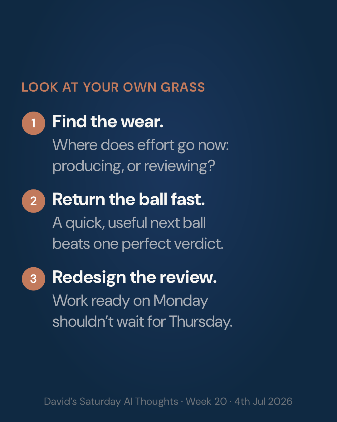 Slide 6: List. Look at your own grass: find the wear, return the ball fast, redesign the review