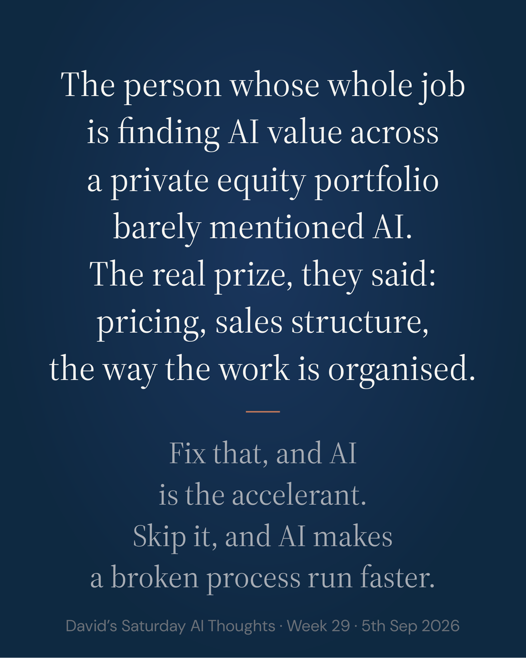Slide 2: The person whose whole job is finding AI value across a private equity portfolio barely mentioned AI. The real prize, they said: pricing, sales structure, the way the work is organised. Fix that, and AI is the accelerant. Skip it, and AI makes a broken process run faster.