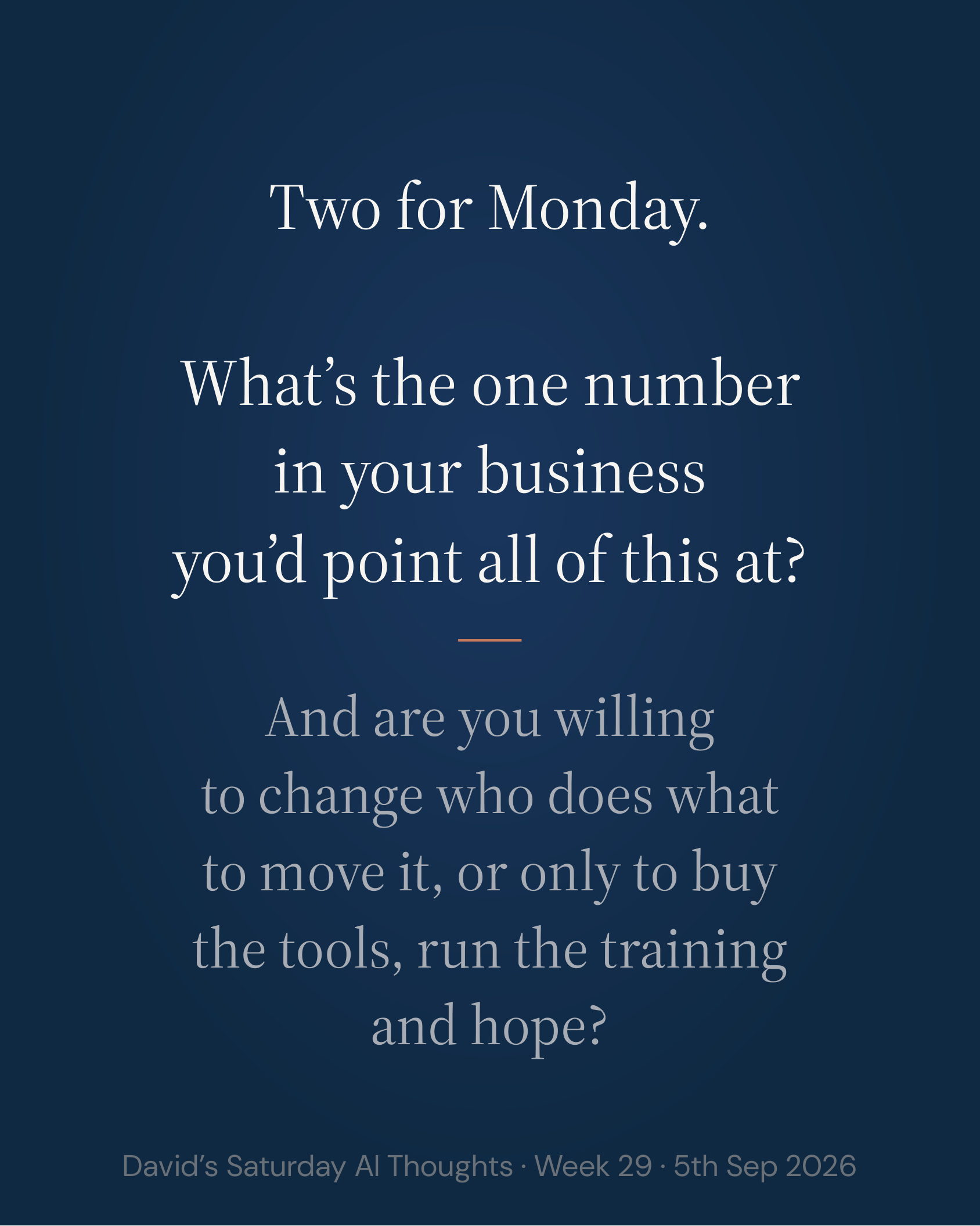 Slide 10: Two for Monday. What’s the one number in your business you’d point all of this at? And are you willing to change who does what to move it, or only to buy the tools, run the training and hope?