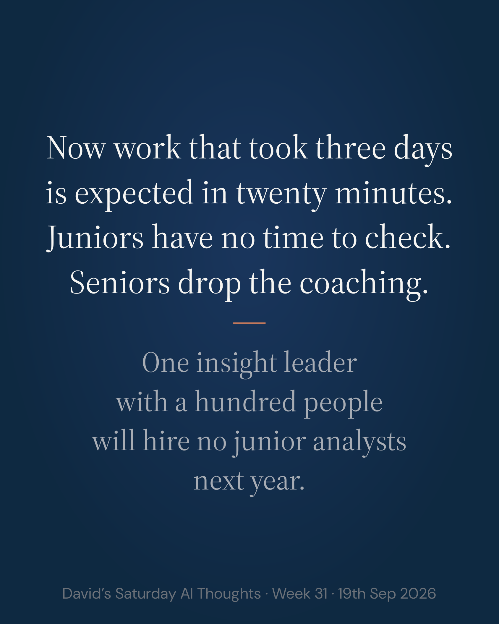 Slide 6: Now work that took three days is expected in twenty minutes. Juniors have no time to check. Seniors drop the coaching. One insight leader with a hundred people will hire no junior analysts next year.