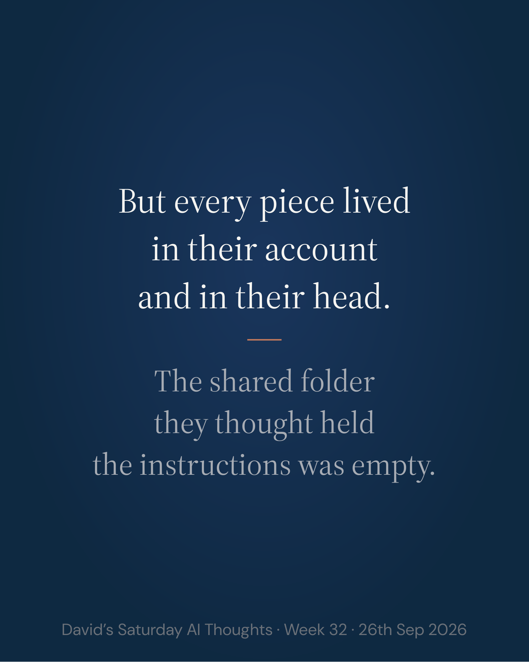 Slide 4: But every piece lived in their account and in their head. The shared folder they thought held the instructions was empty.
