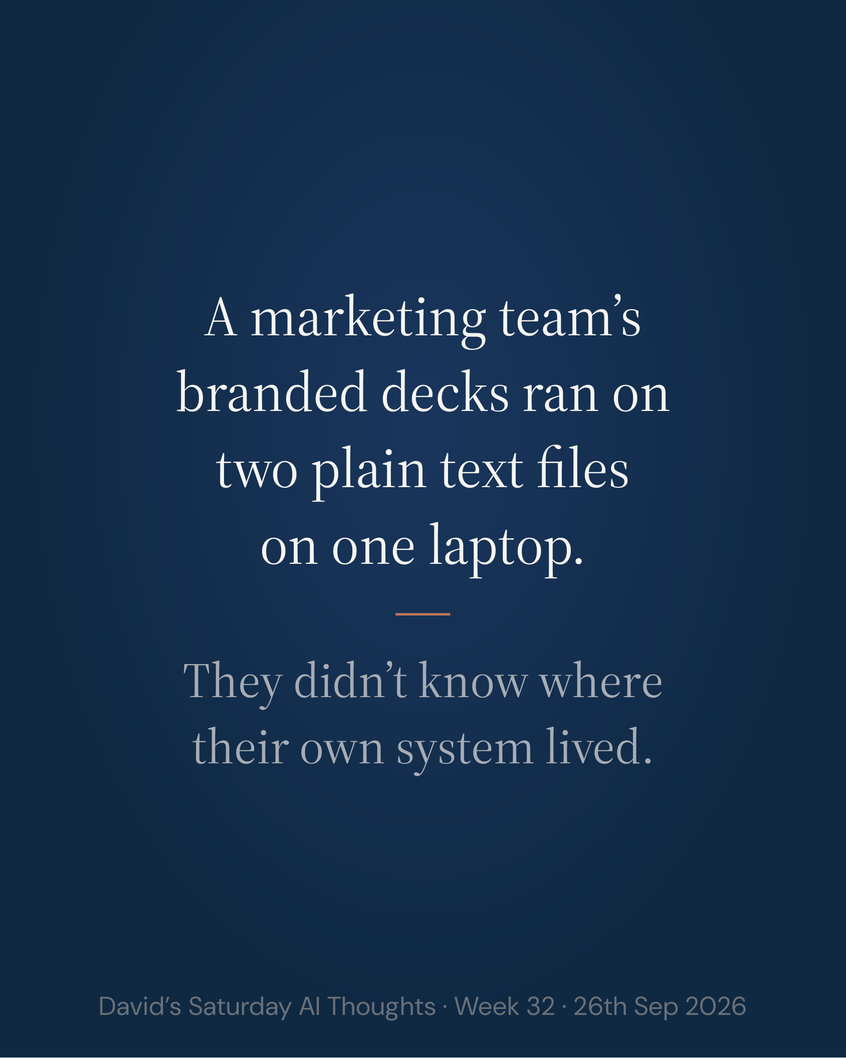 Slide 5: A marketing team’s branded decks ran on two plain text files on one laptop. They didn’t know where their own system lived.