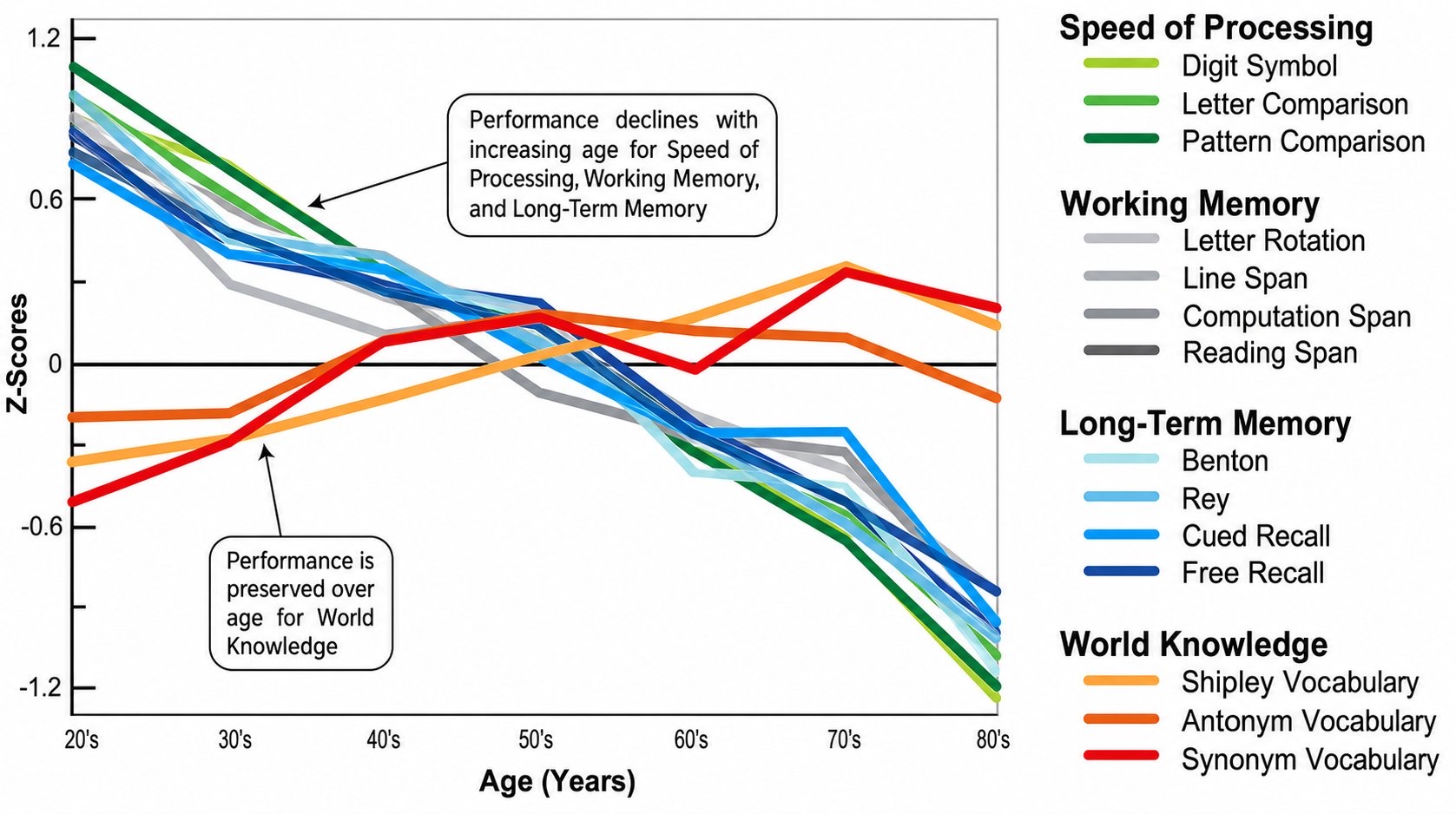 Cognitive performance by age: processing speed and memory decline while world knowledge is preserved