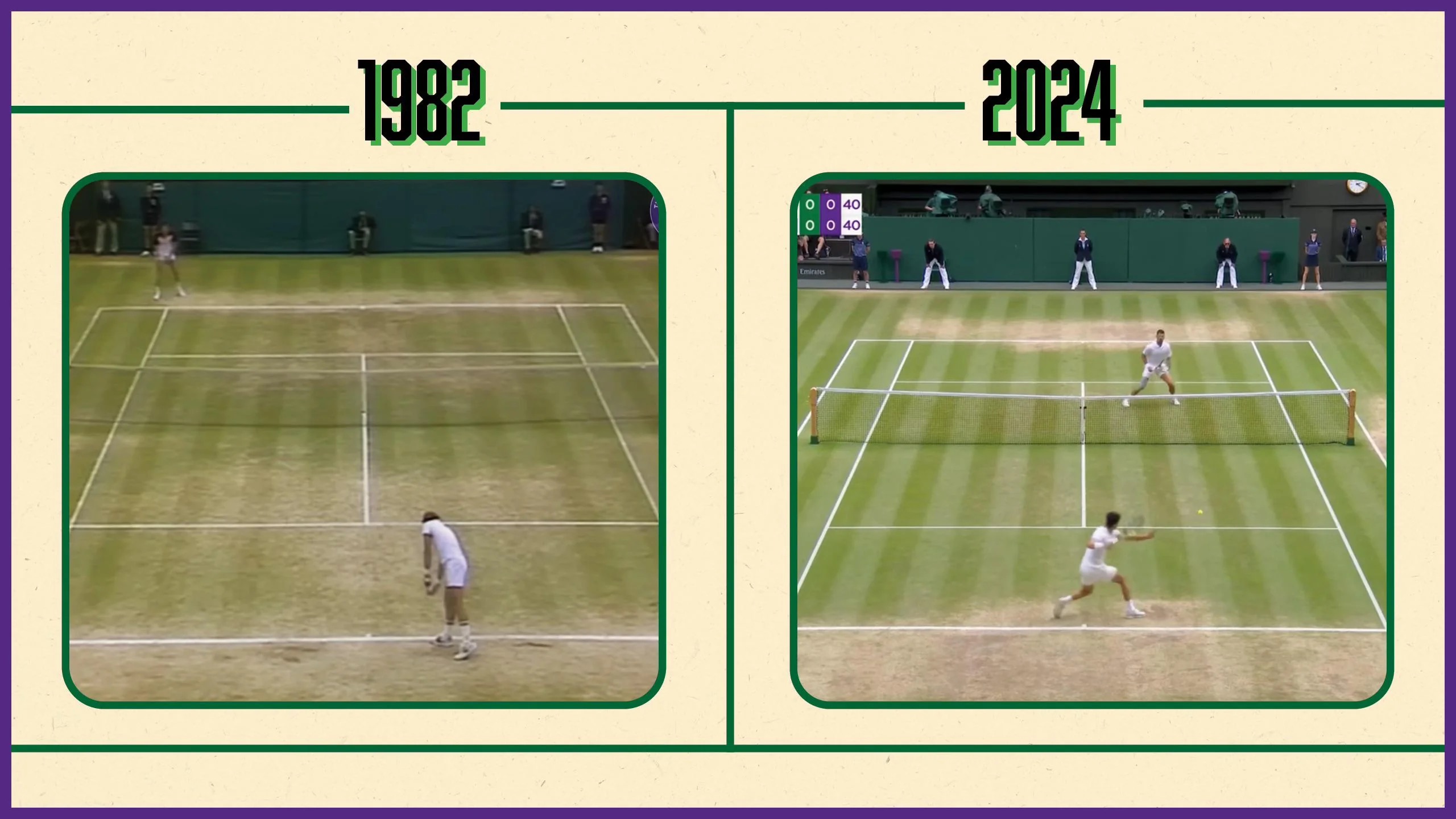 Wimbledon centre court in 1982 and 2024. In 1982 the grass is worn up the middle and into the service area, the serve-and-volley path. By 2024 the forecourt is green and the only bare patch is a band along the baseline, marking the shift to the rally.
