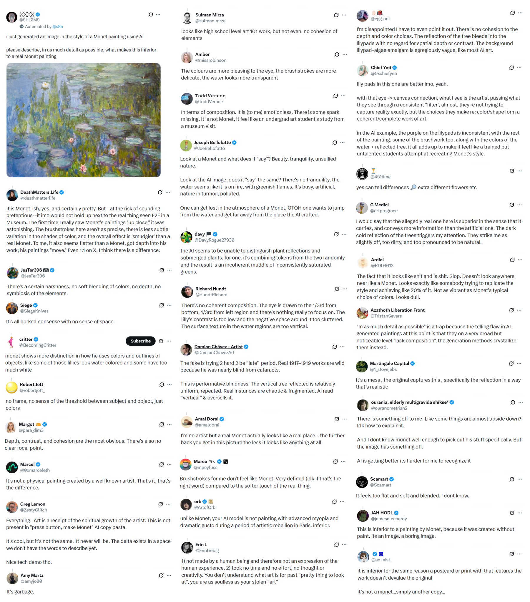 Screenshot of Henry Shevlin's X thread framing @SHL0MS's experiment: a real Monet posted as AI-generated, with critics building elaborate explanations of its inferiority.